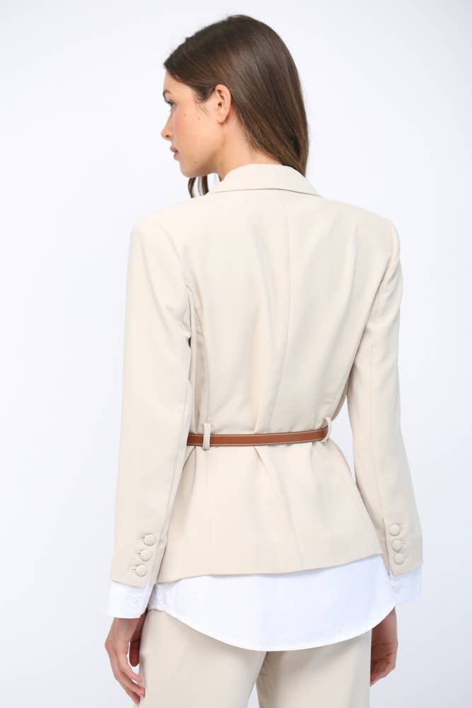 LAYERED LOOK MIXED MEDIA BELTED BLAZER