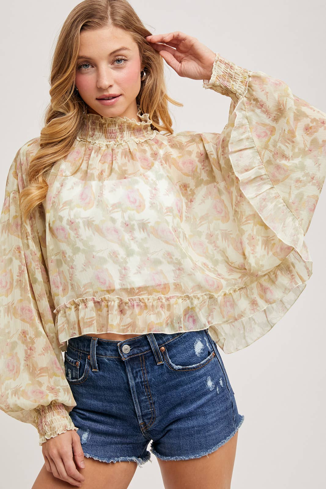 FLORAL PRINT RUFFLED MOCK NECK CHIFFON TOP
