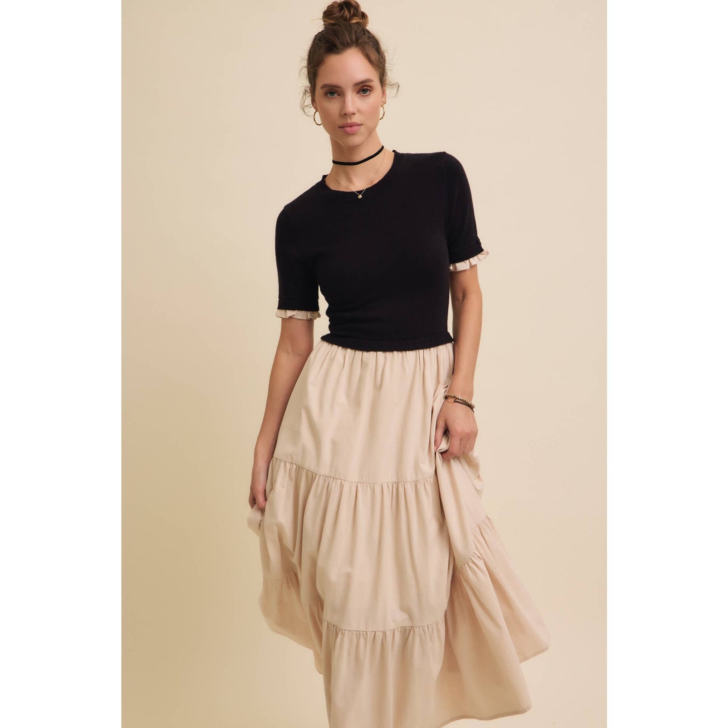 TIERED MIDI DRESS WITH SWEATER TOP AND WOVEN SKIRT