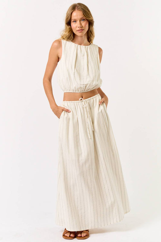 ILS5669 Stripe Cropped Bubble Top With Matching Maxi Skirt