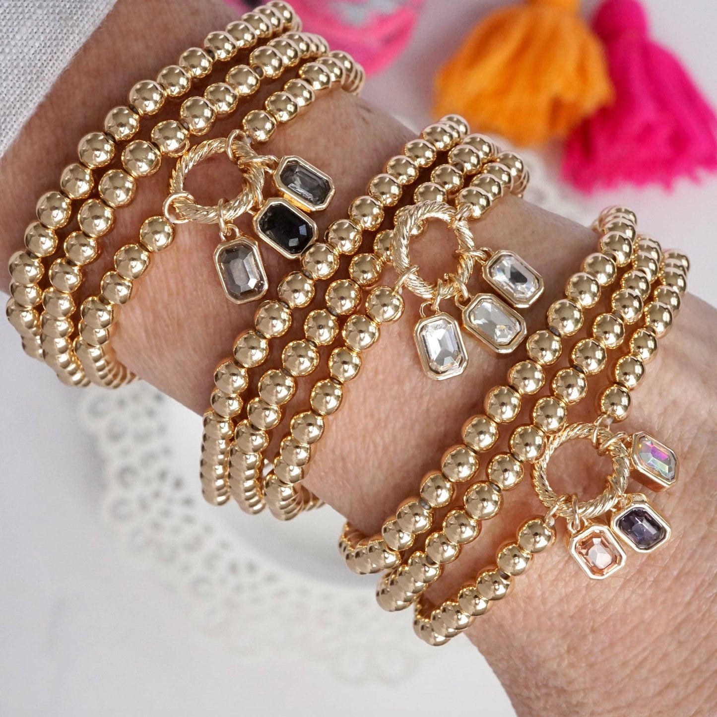 Golden Bead Stretch Bracelet Stack with Baguette Crystals - Set of 3