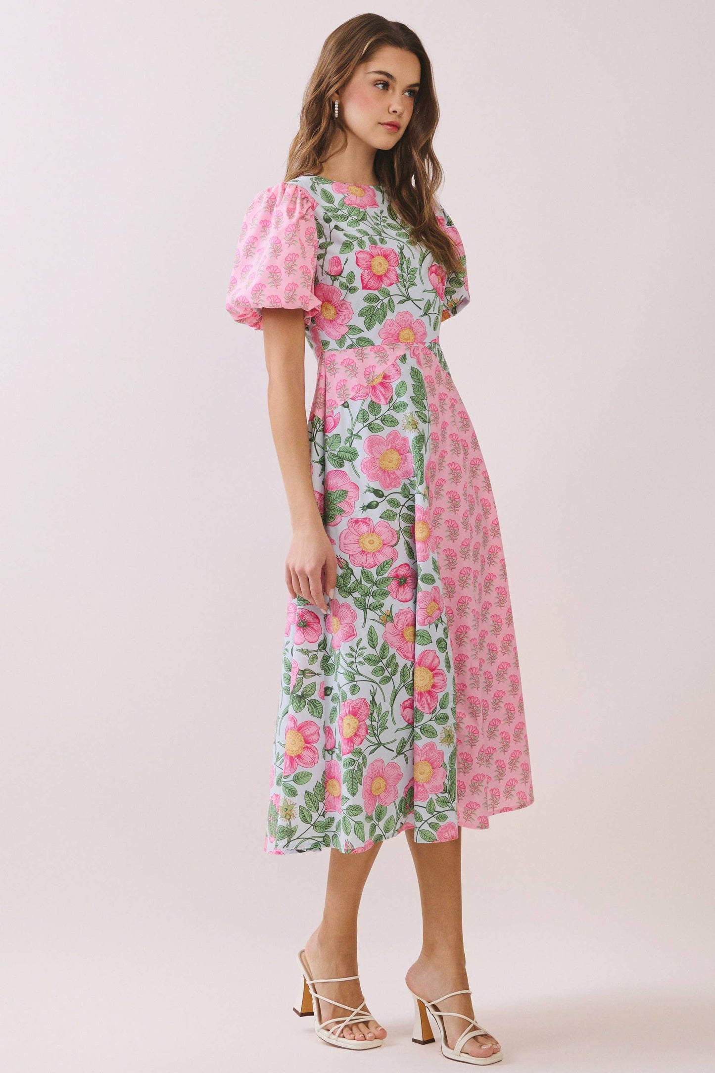 LAST CHANCE - Bold Mixed Floral Pattern Design Midi Dress - Pink