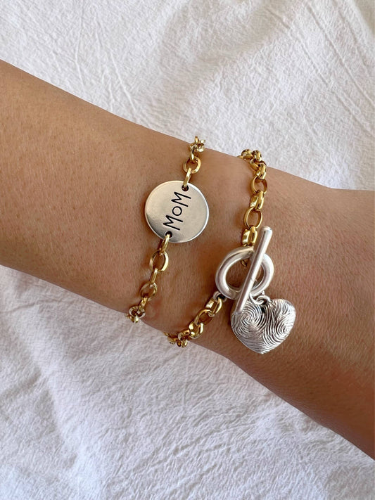 Gold Chain Bracelet with Silver Mom Charm, Heart Bracelet