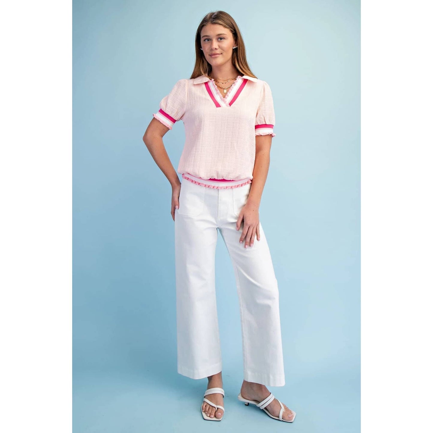 LAST CHANCE - Textured V-Neck Short-Sleeve Top