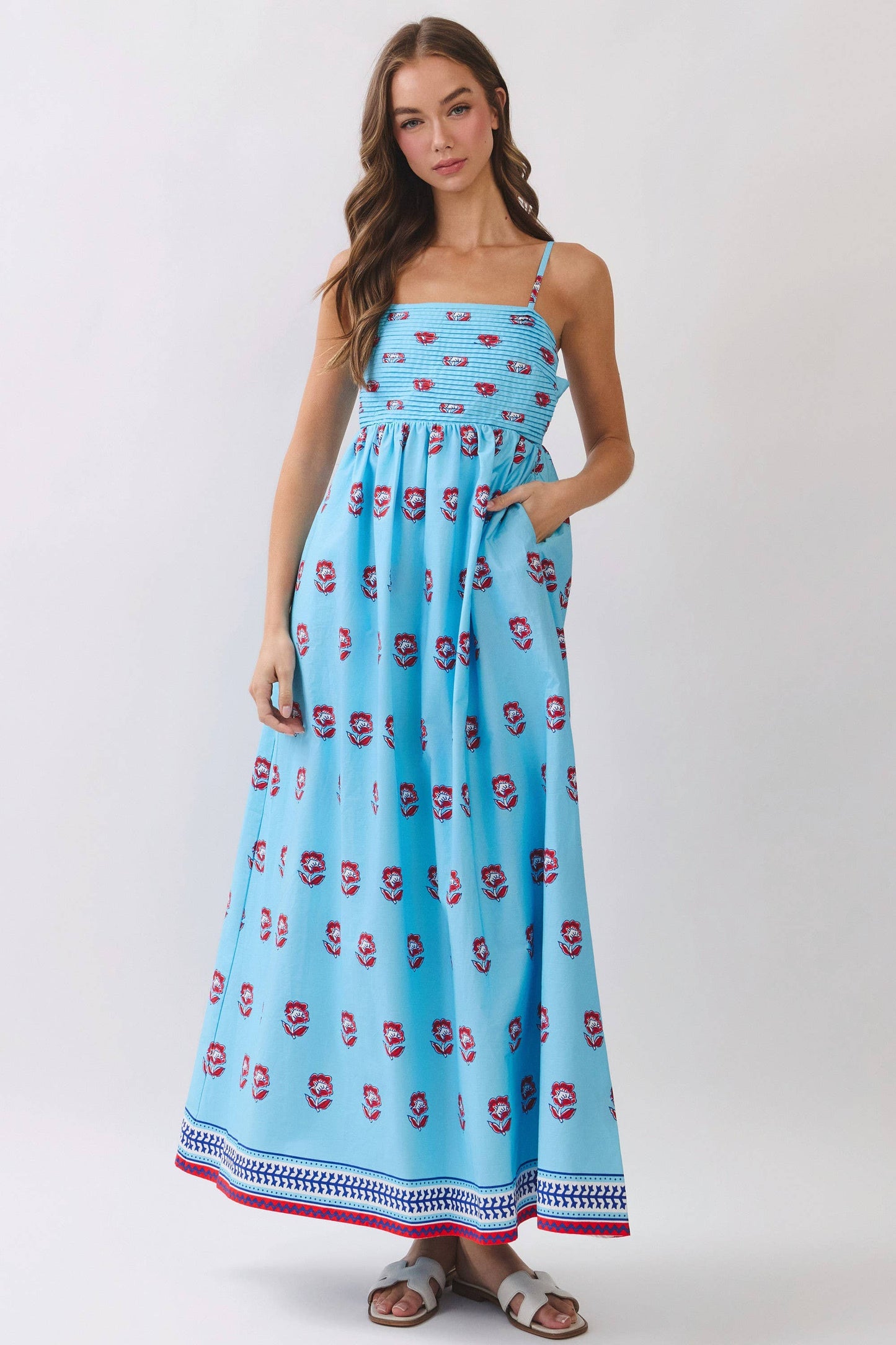 Floral Print Smocked Back Side Pockets Maxi Dress