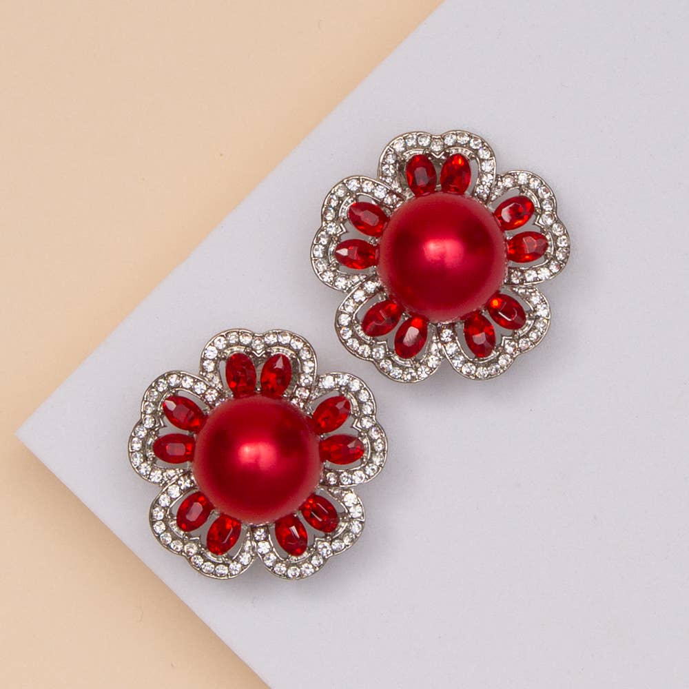 Pearl Crystal Flower Clip-On Earrings with Rhinestone Accent