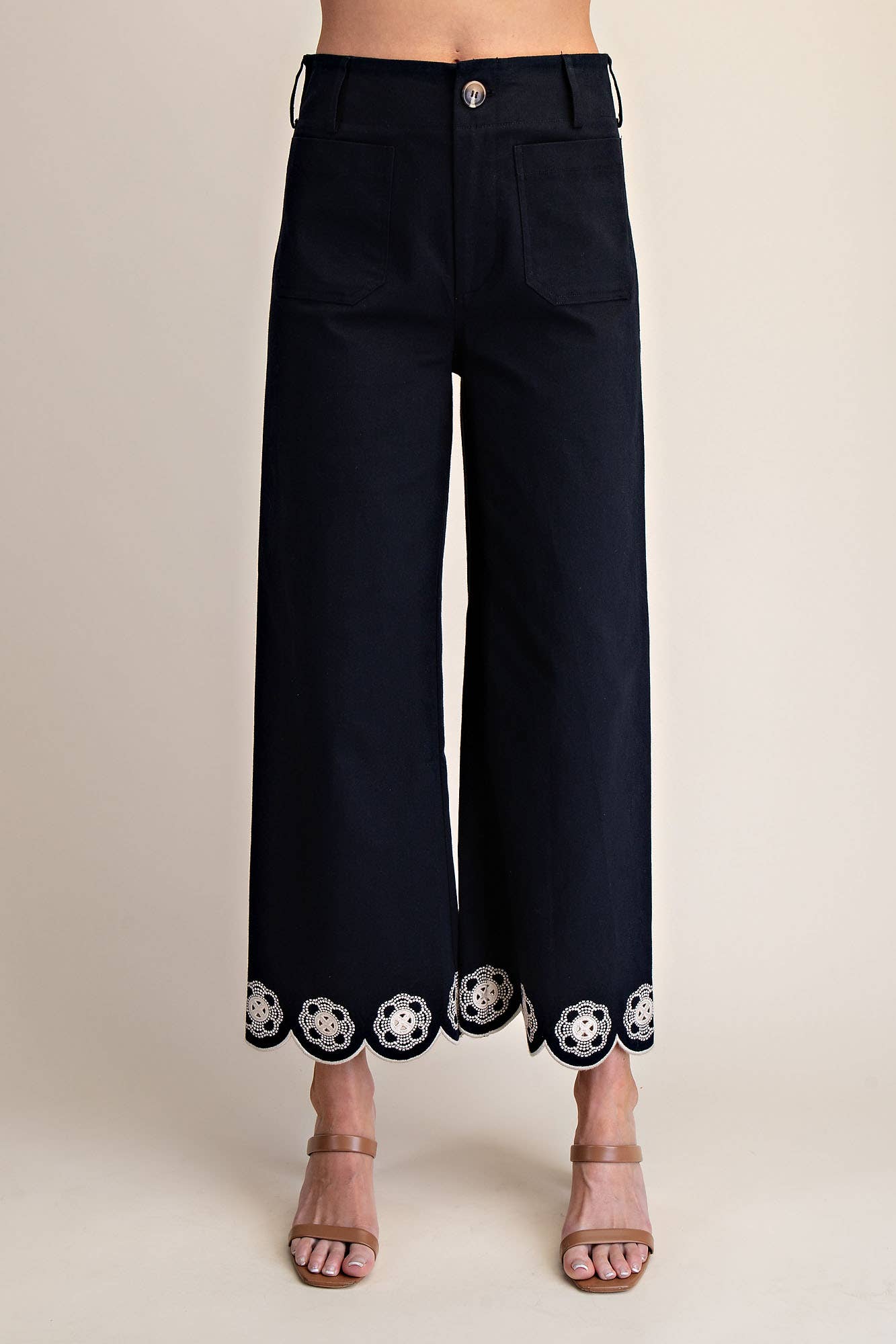 Embroidered Scallop Hem Wide Leg Pants - Navy