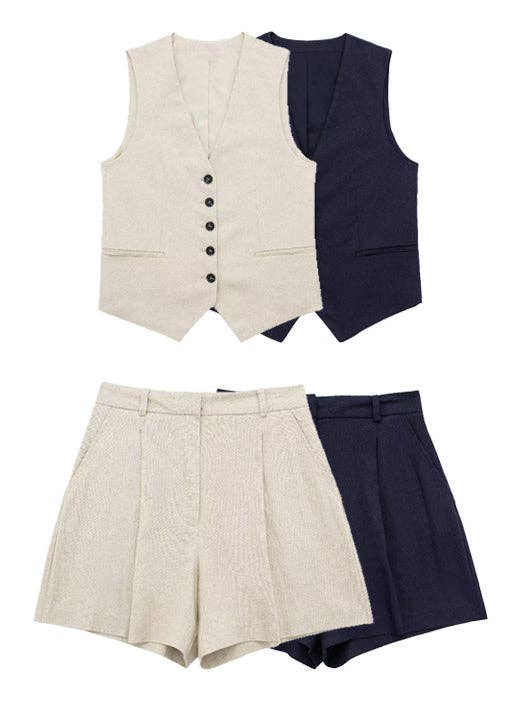 Ladies Solid Color V-Neck Vest And Vest/Shorts/Set 1052