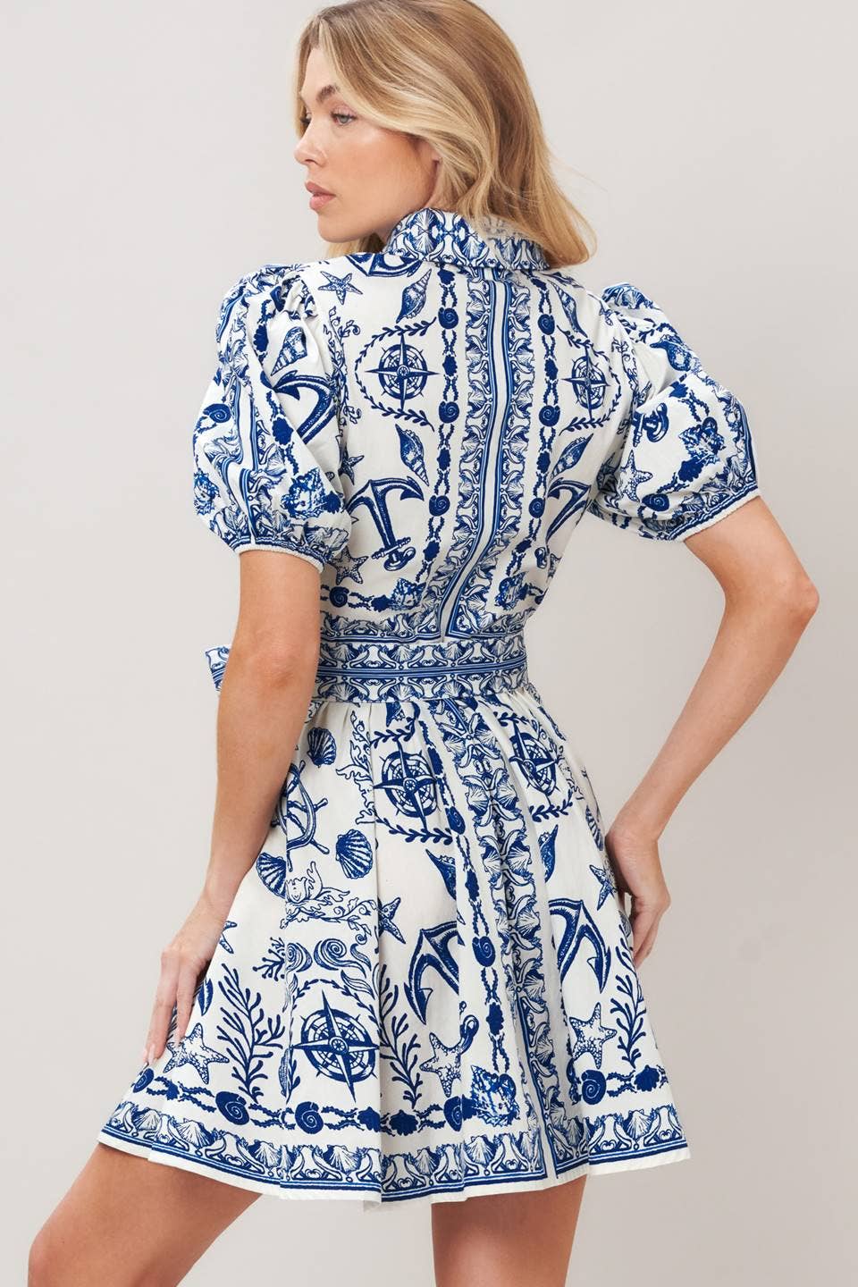 PRINTED WOVEN BUTTON DOWN MINI DRESS