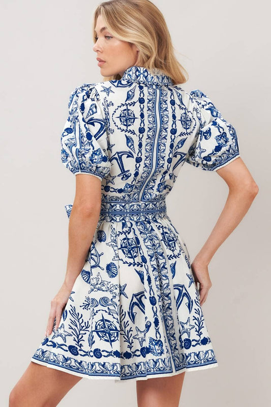 PRINTED WOVEN BUTTON DOWN MINI DRESS