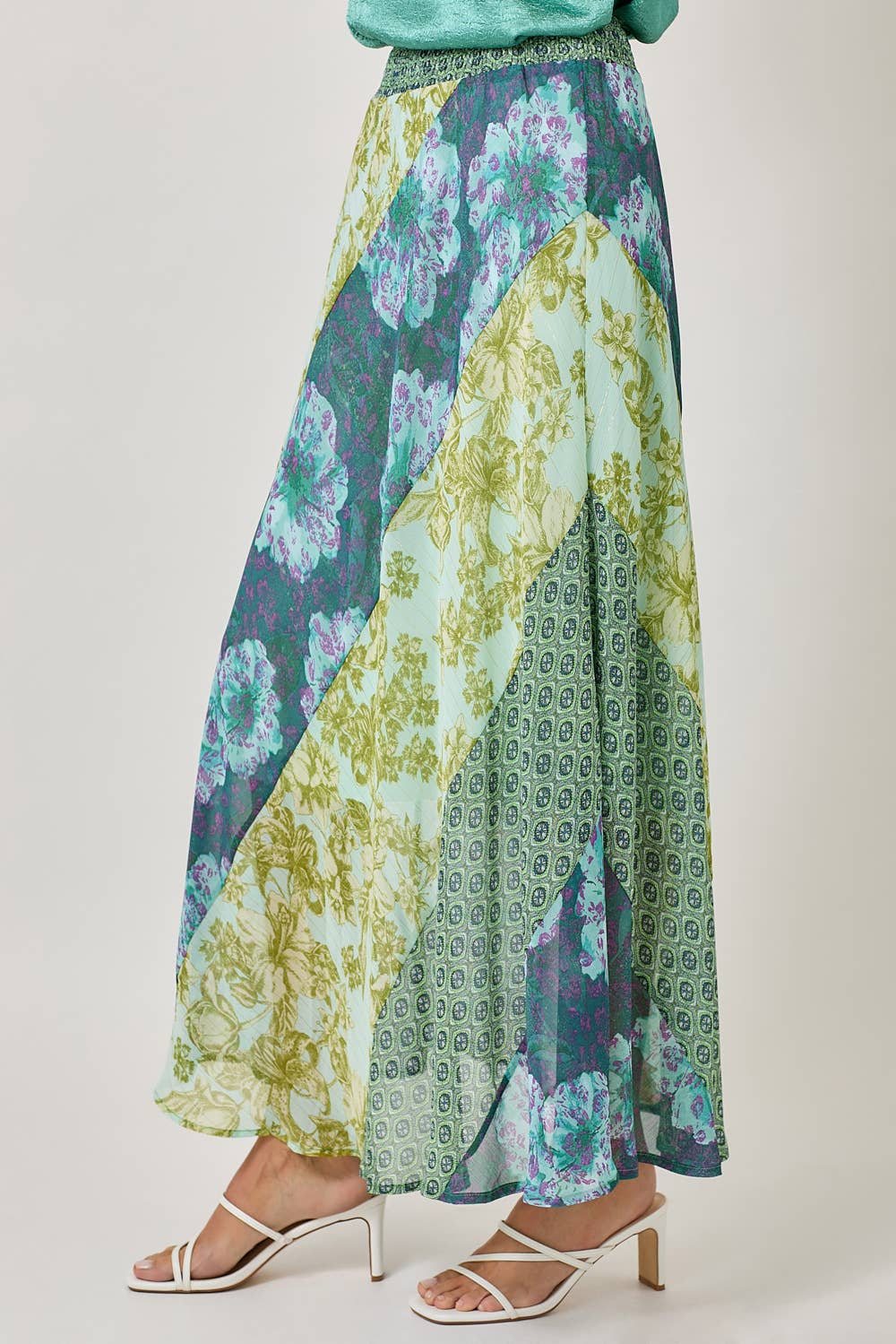 Mixed Print Flowy Midi Skirt - Green