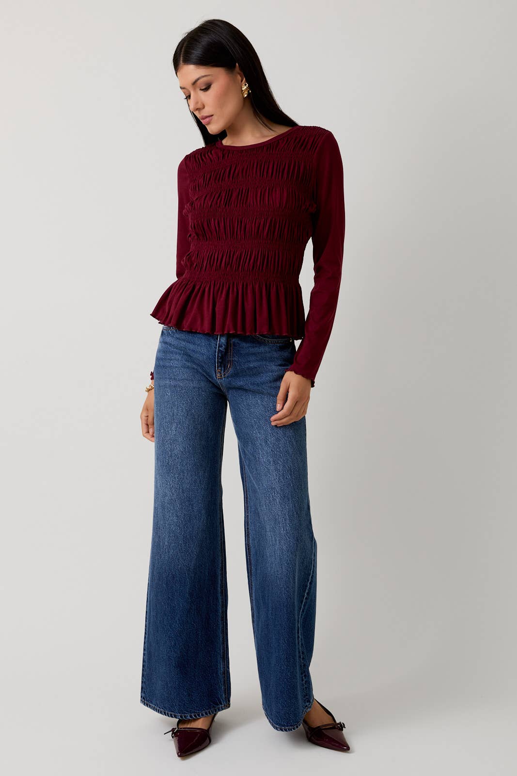 Round Neck Long Sleeve Smocked Top