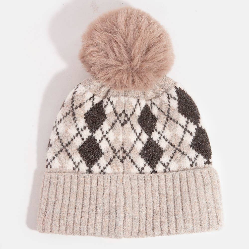 Argyle Knit Pom Beanie