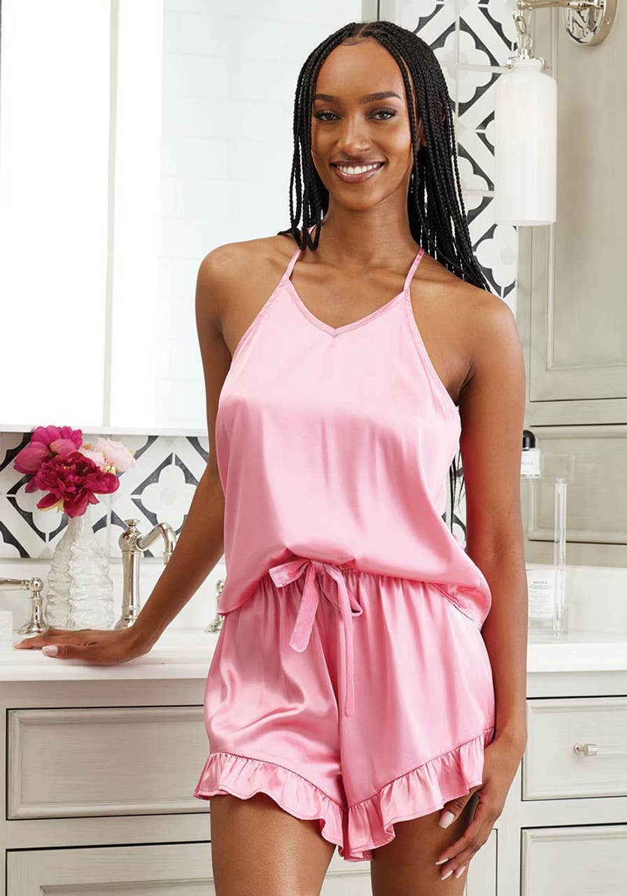 Pink Satin Cami Pajama Set with Ruffle Shorts