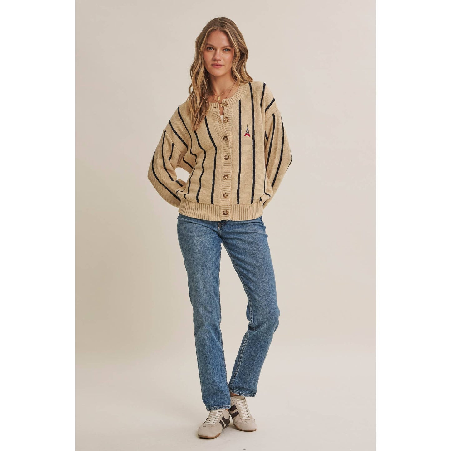 CITY POSTCARD EMBROIDERED STRIPE BUTTON-DOWN CARDIGAN