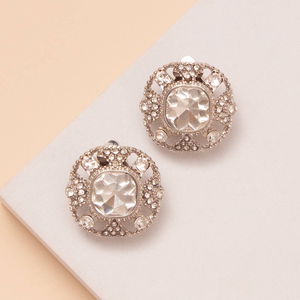 Cushion Cut Crystal Center Clip On Earrings