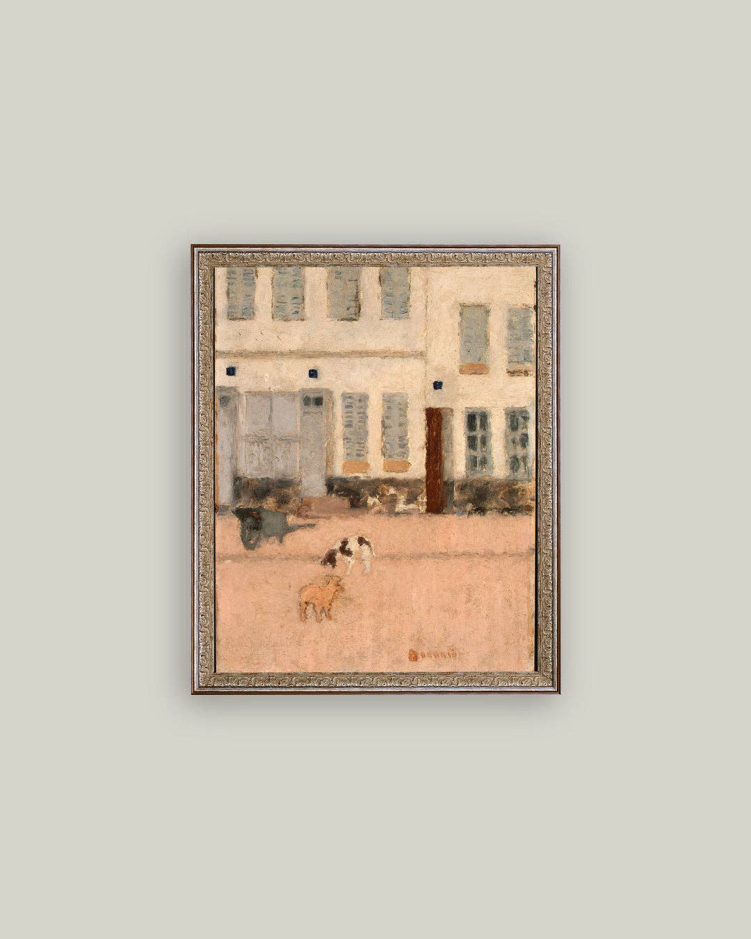 Two Dogs in Deserted Street Framed Antique Art