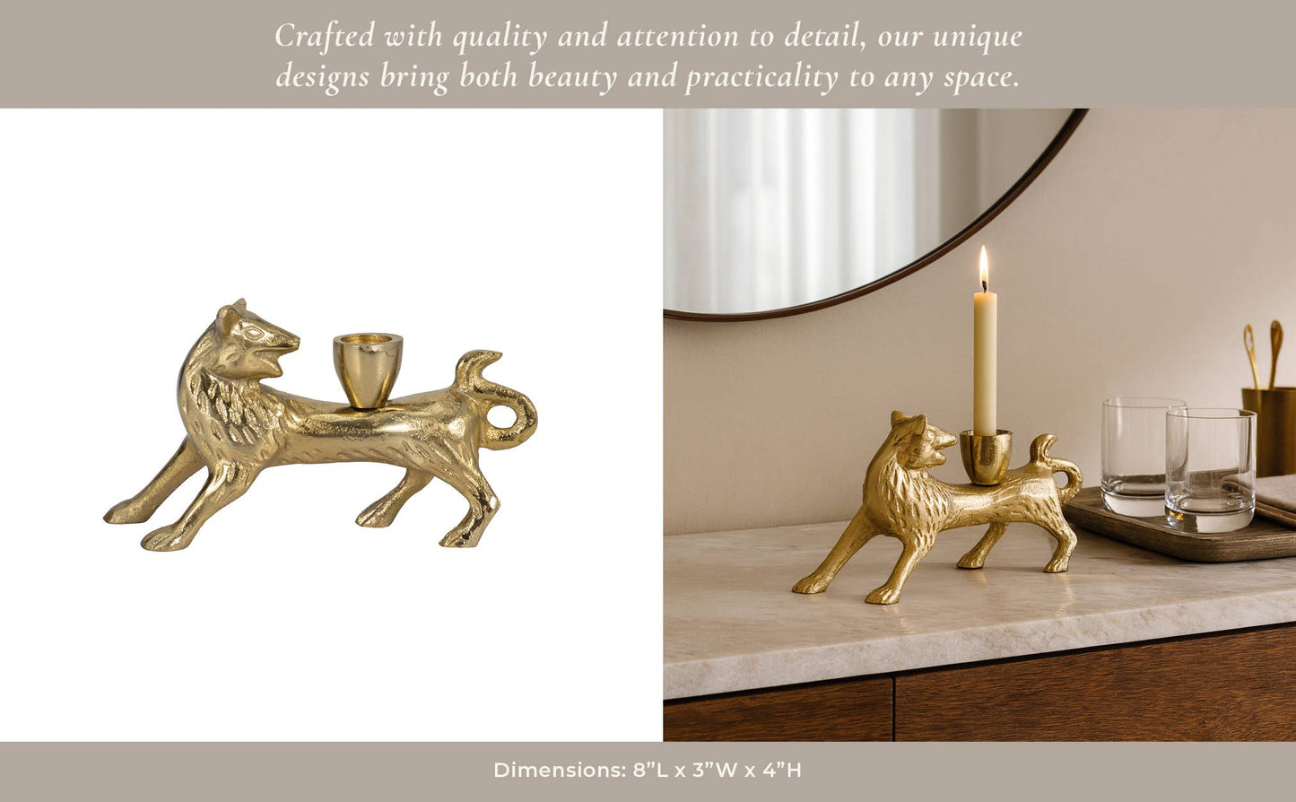 Candle Holder - Gold Metal Modern Sleek Fox Taper, 8 in.