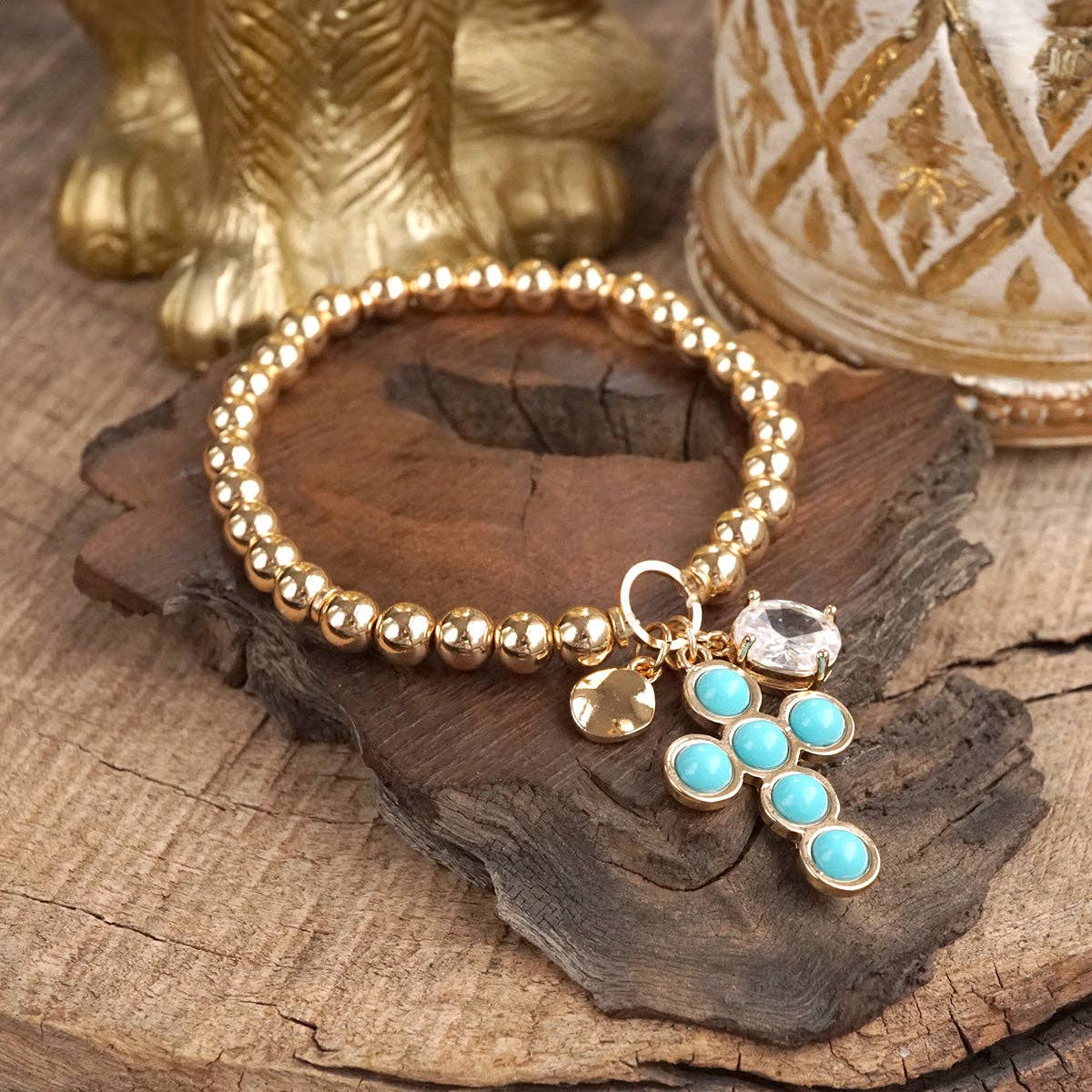 Golden Keepsakes Charm Cluster Stretch Bracelet with Beads and Stones
