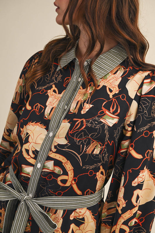 EXCLUSIVE MIXED PRINT BUTTON DOWN MINI DRESS