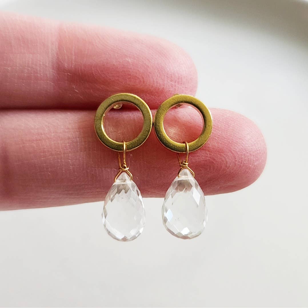 Sparkling Quartz Briolette and Brass Circle Post Earrings