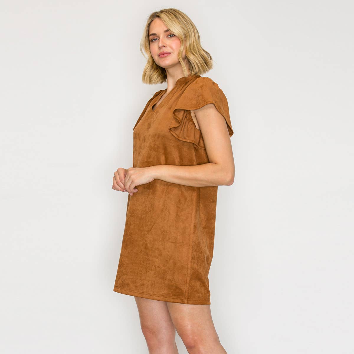 Suede Flutter Sleeve Shift Mini Dress