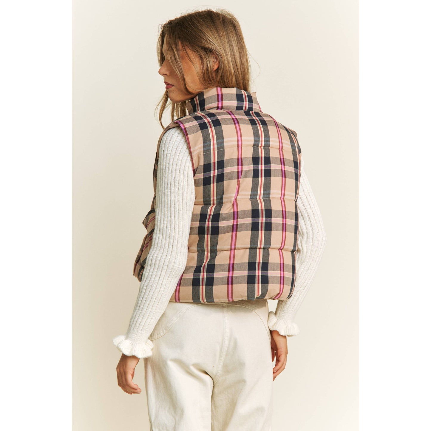 CROP PLAID HIGH NECK OPEN FRONT PUFFER VEST