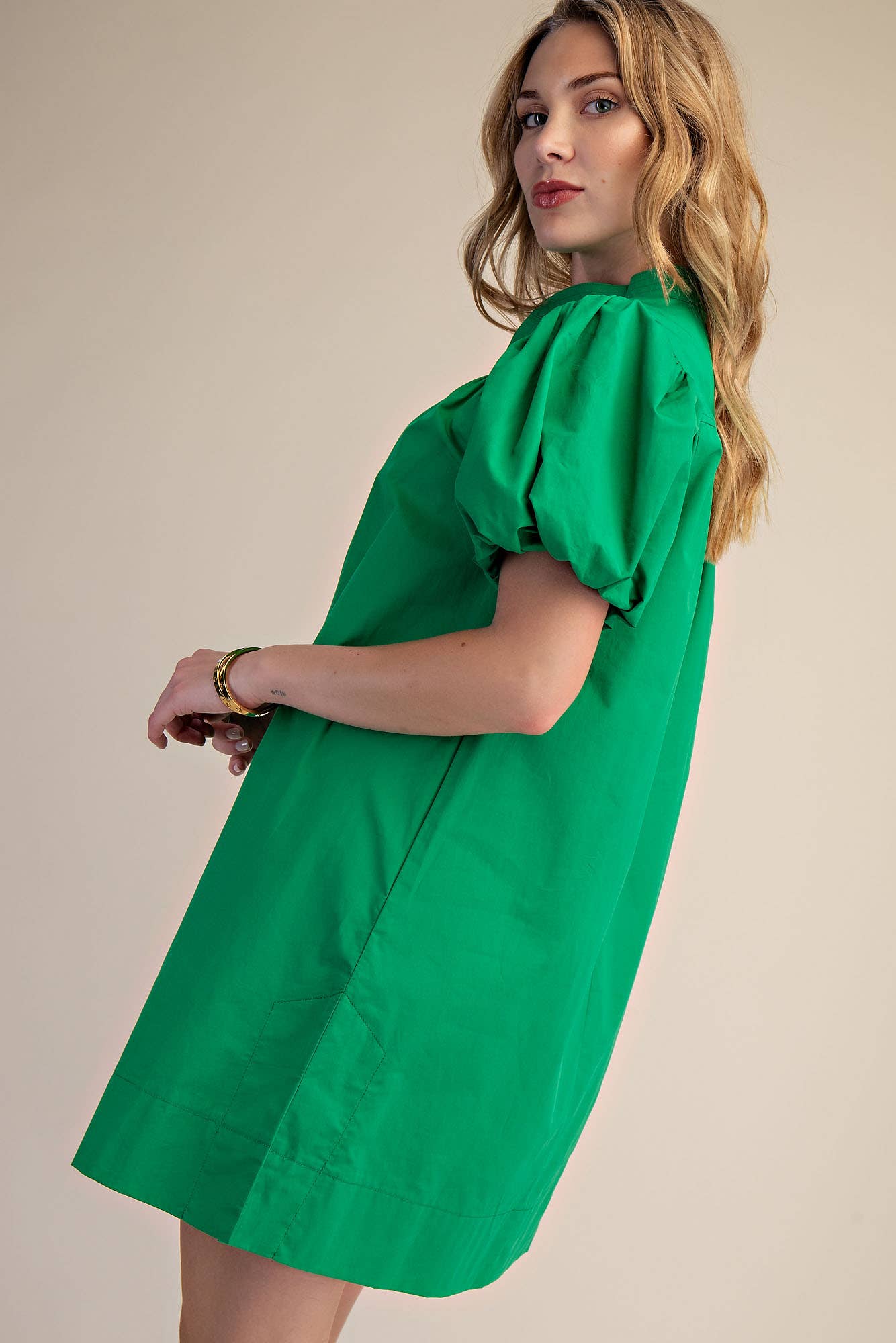 V-Neck Bubble Sleeve Mini Dress