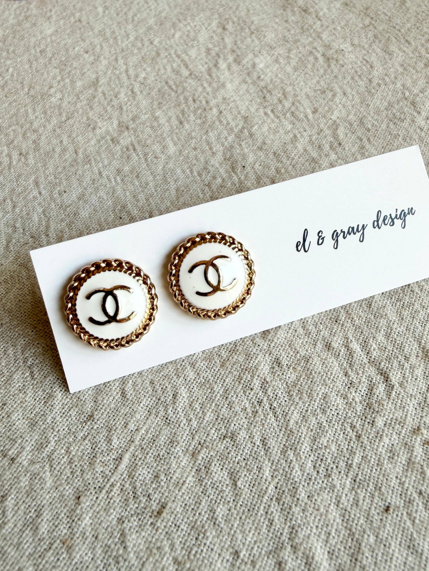 Upcycled CC White & Gold Circles Pendant Earrings