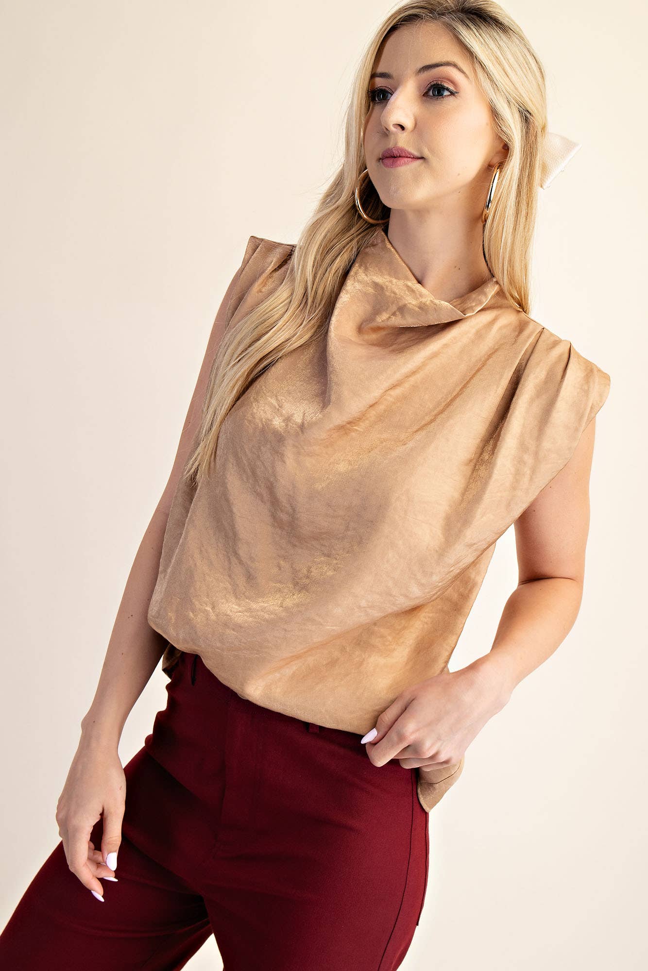 Cowl Neck Pleats Sleeveless Top