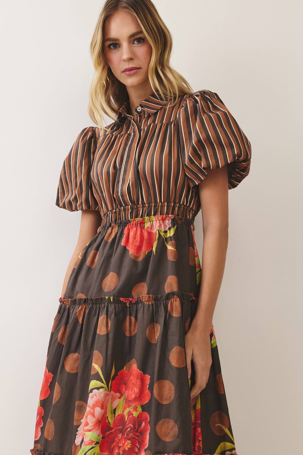 Mixed Print Puff Sleeve Tiered Midi Dress