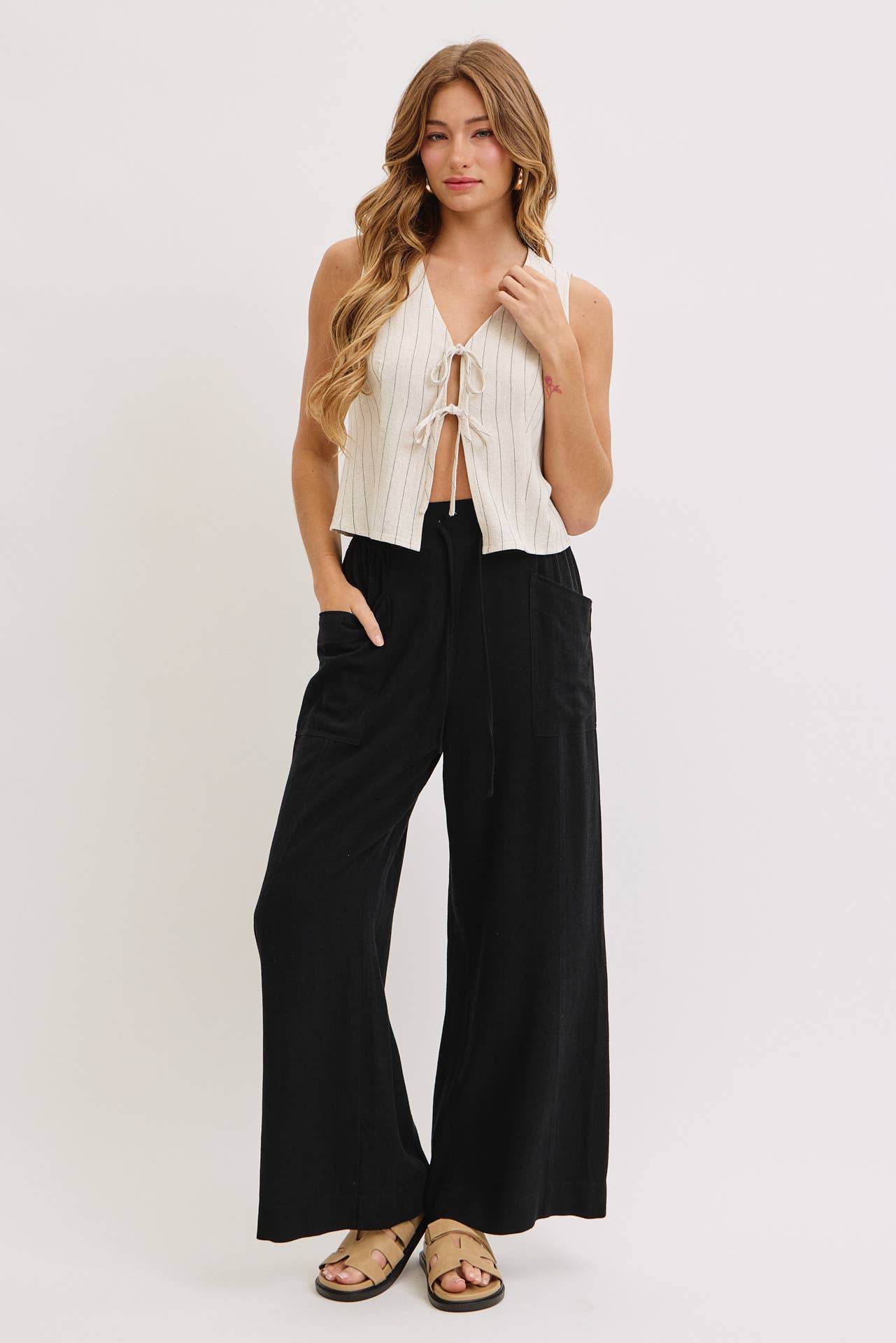 WIDE LEG TIE WAIST LINEN PANTS