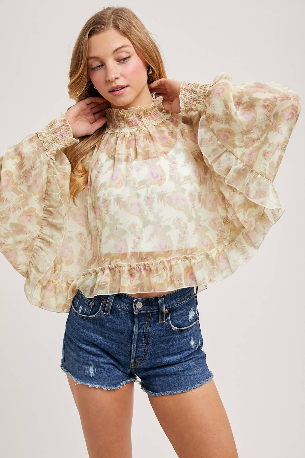 FLORAL PRINT RUFFLED MOCK NECK CHIFFON TOP