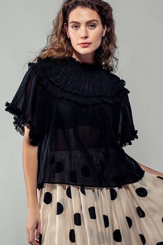 Ruffled Sheer Mock Neck Short Sleeve Blouse