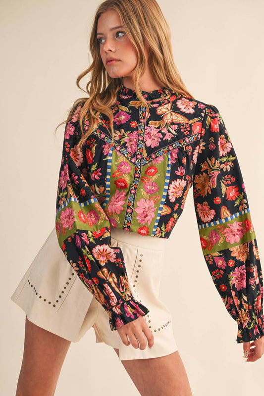 EXCLUSIVE FLORAL BORDER PRINT TOP WITH FLORAL TRIM