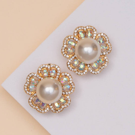 Pearl Crystal Flower Clip-On Earrings with Rhinestone Accent