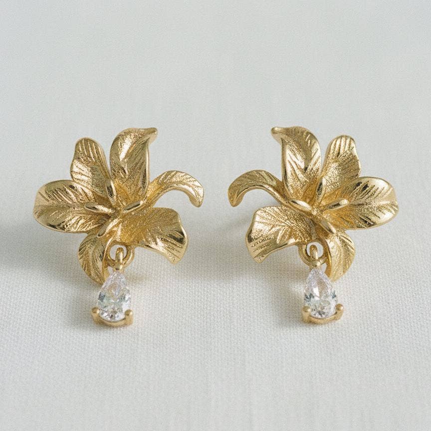Cubic Zirconia Three-Dimensional Flower Stud Earrings