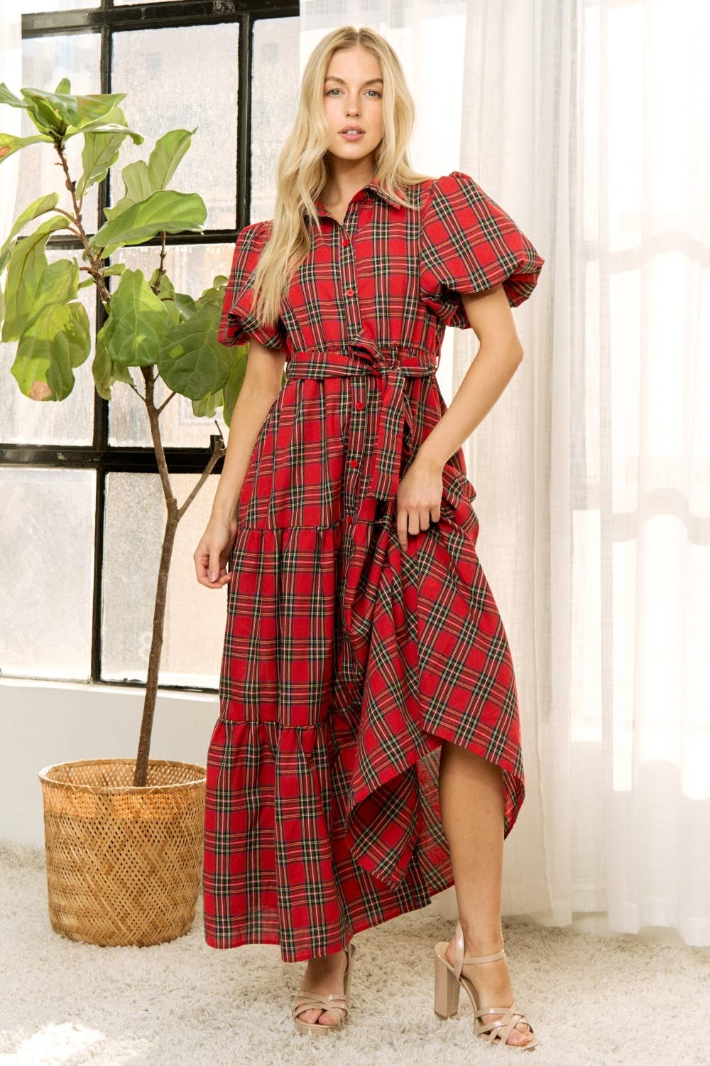 HOLIDAY PLAID SHIRT TIERED MAXI DRESS