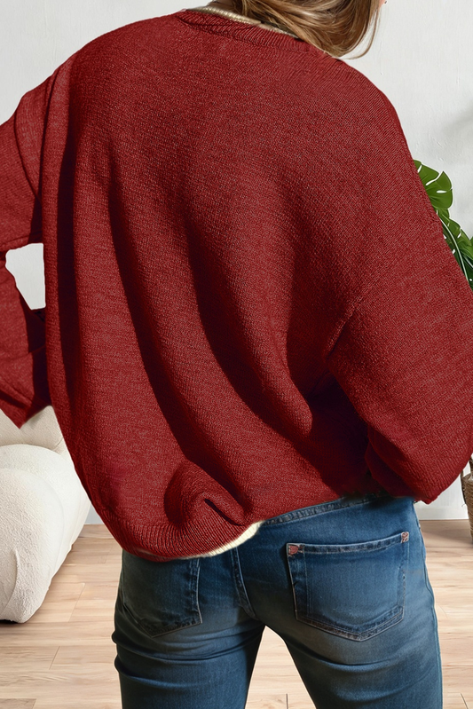 LAST CHANCE - Leopard Bow Decor Split Cuff Contrast Trim Sweater - size S