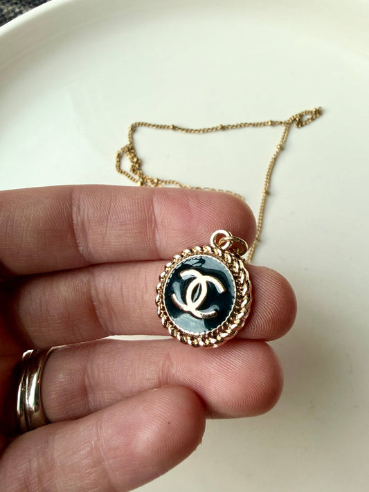 Upcycled Chanel Designer Black & Gold Pendant Necklace