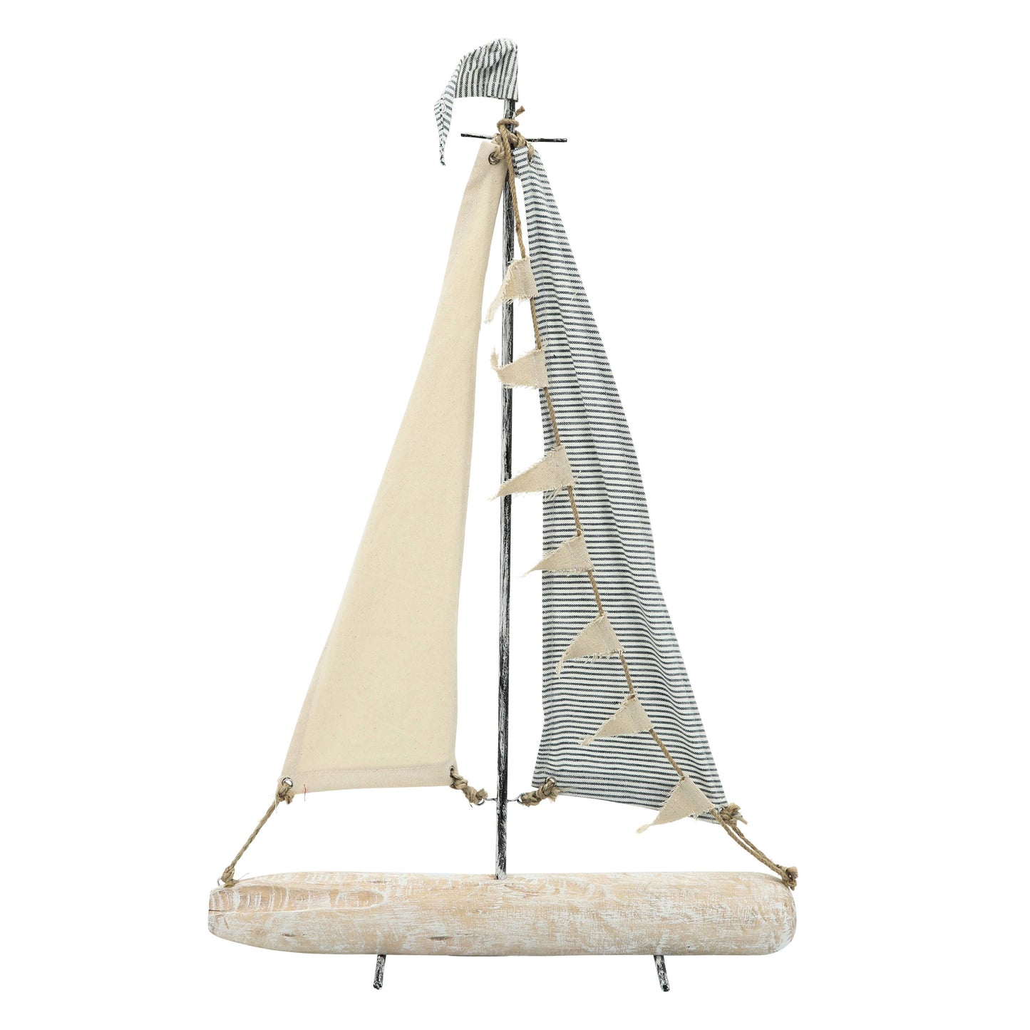 Object - Ivory/Blue Metal Sailboat with Fabric Sails, 27 in.