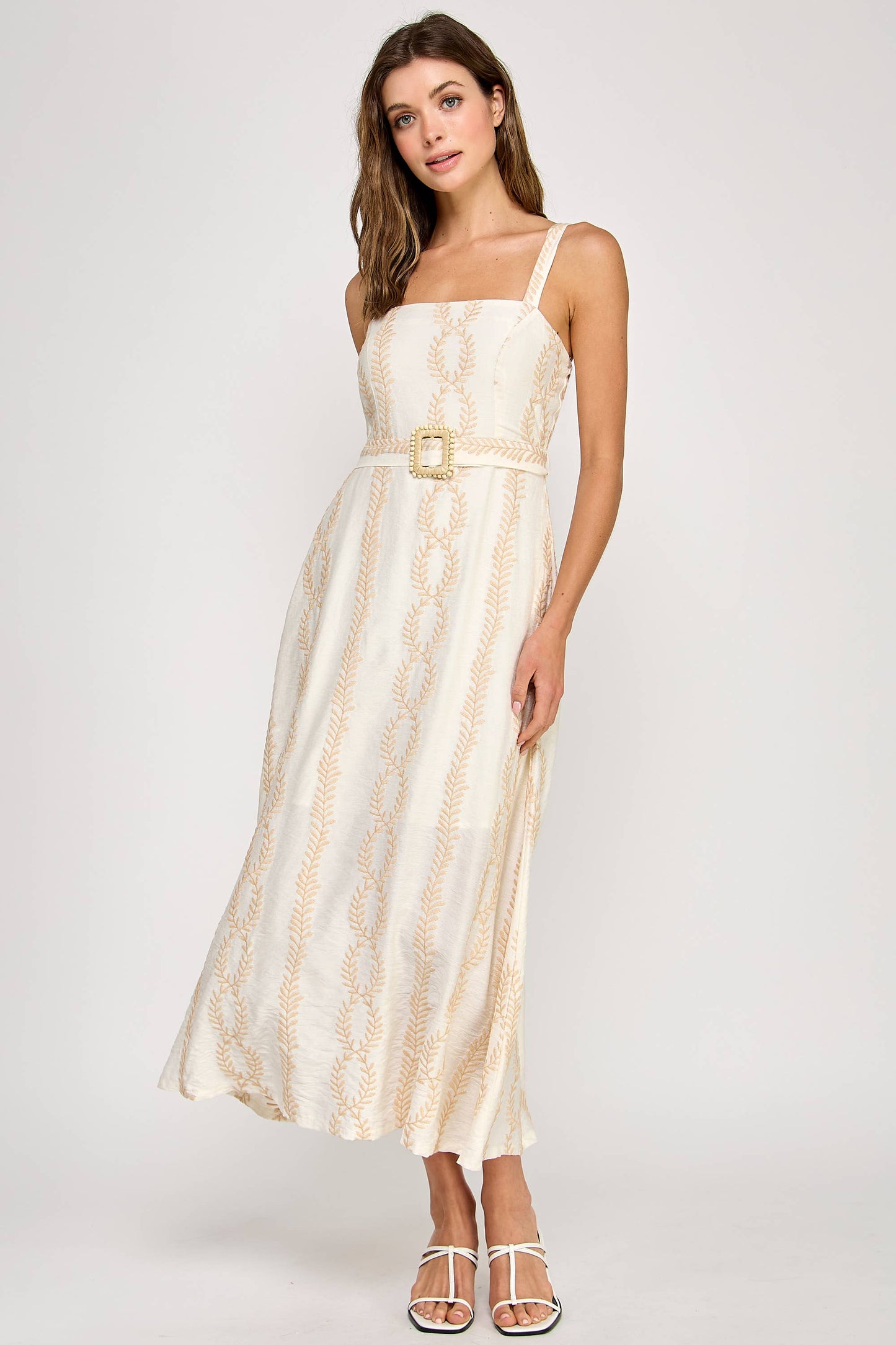 Embroidered Belted Maxi Dress