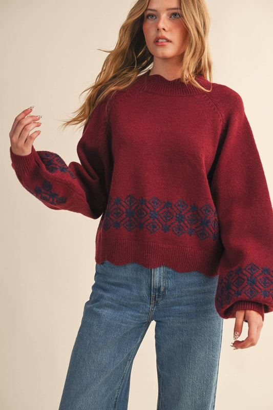 SCALLOPED MOCK NECK SWEATER WITH EMBROIDERY MSW11013