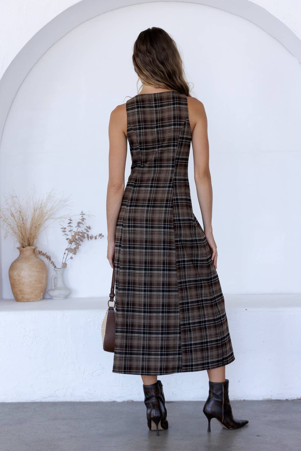 BROWN & BLACK PLAID BUTTON-FRONT MIDI DRESS