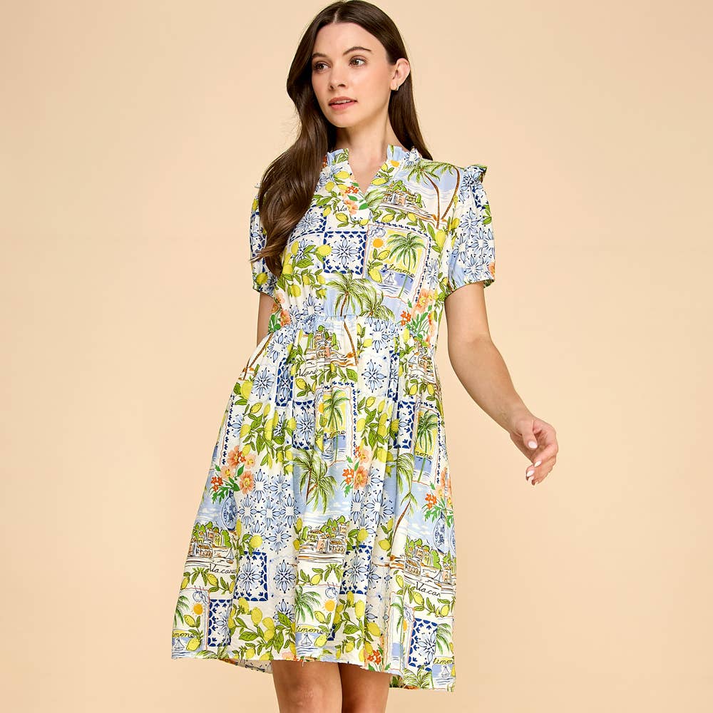 Lemon Tile Print Puff Sleeve Dress with Pockets