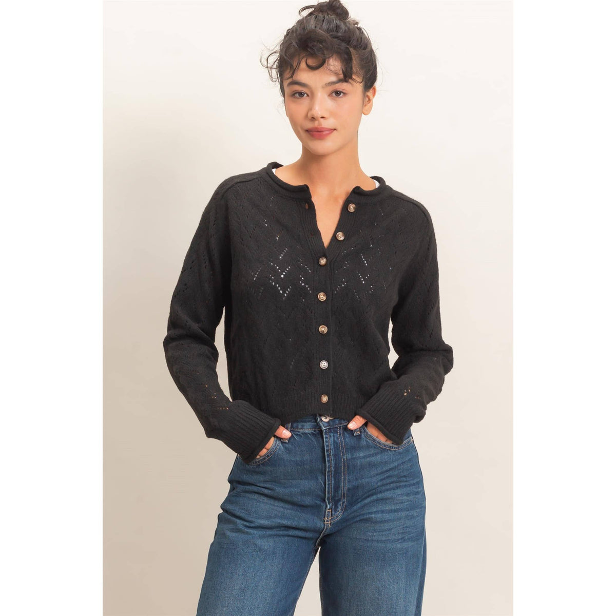 Pointelle Knit Button Front Cardigan