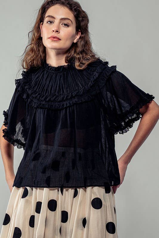Ruffled Sheer Mock Neck Short Sleeve Blouse