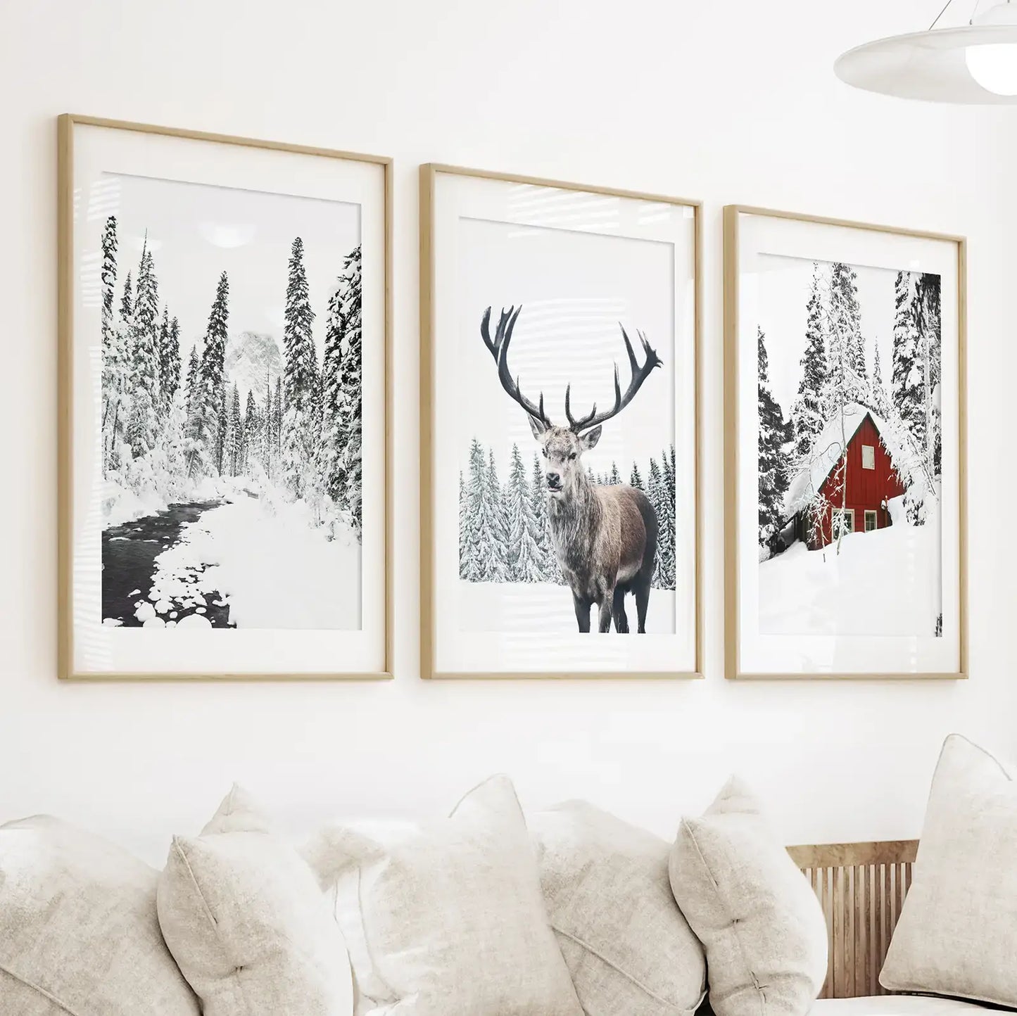 Winter Landscape Wall Art Print. Winter Red Log Cabin, Deer