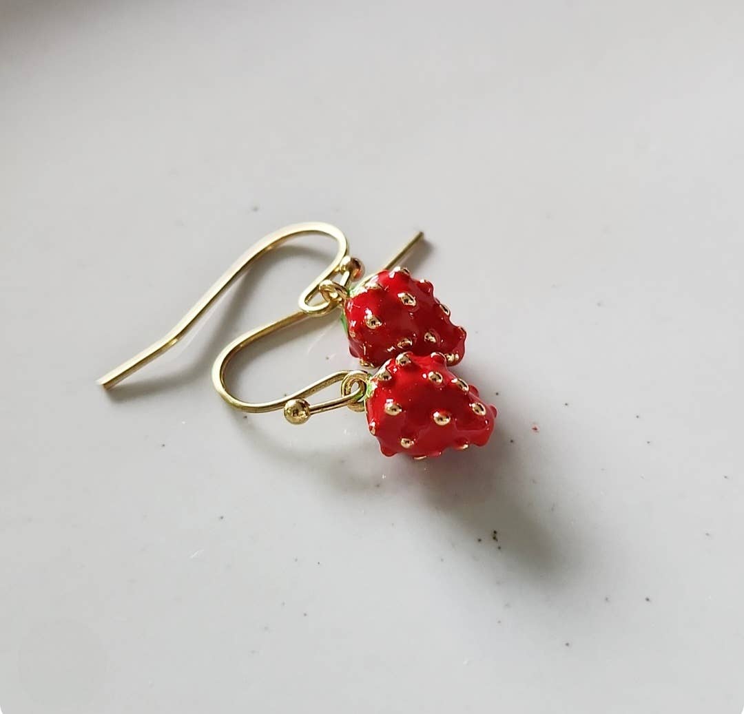 Strawberry Enamel and Brass Charm Dangle Earrings