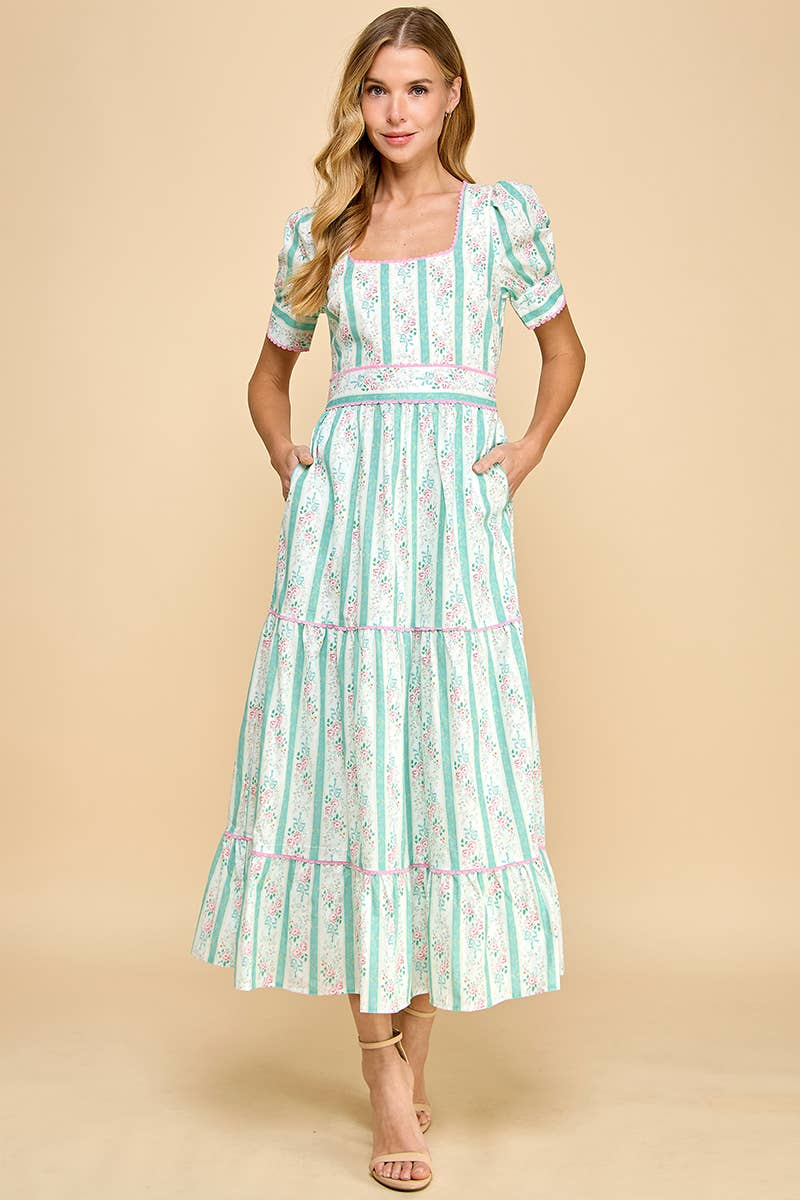 Pastel Floral Stripe Puff Sleeve Midi Dress